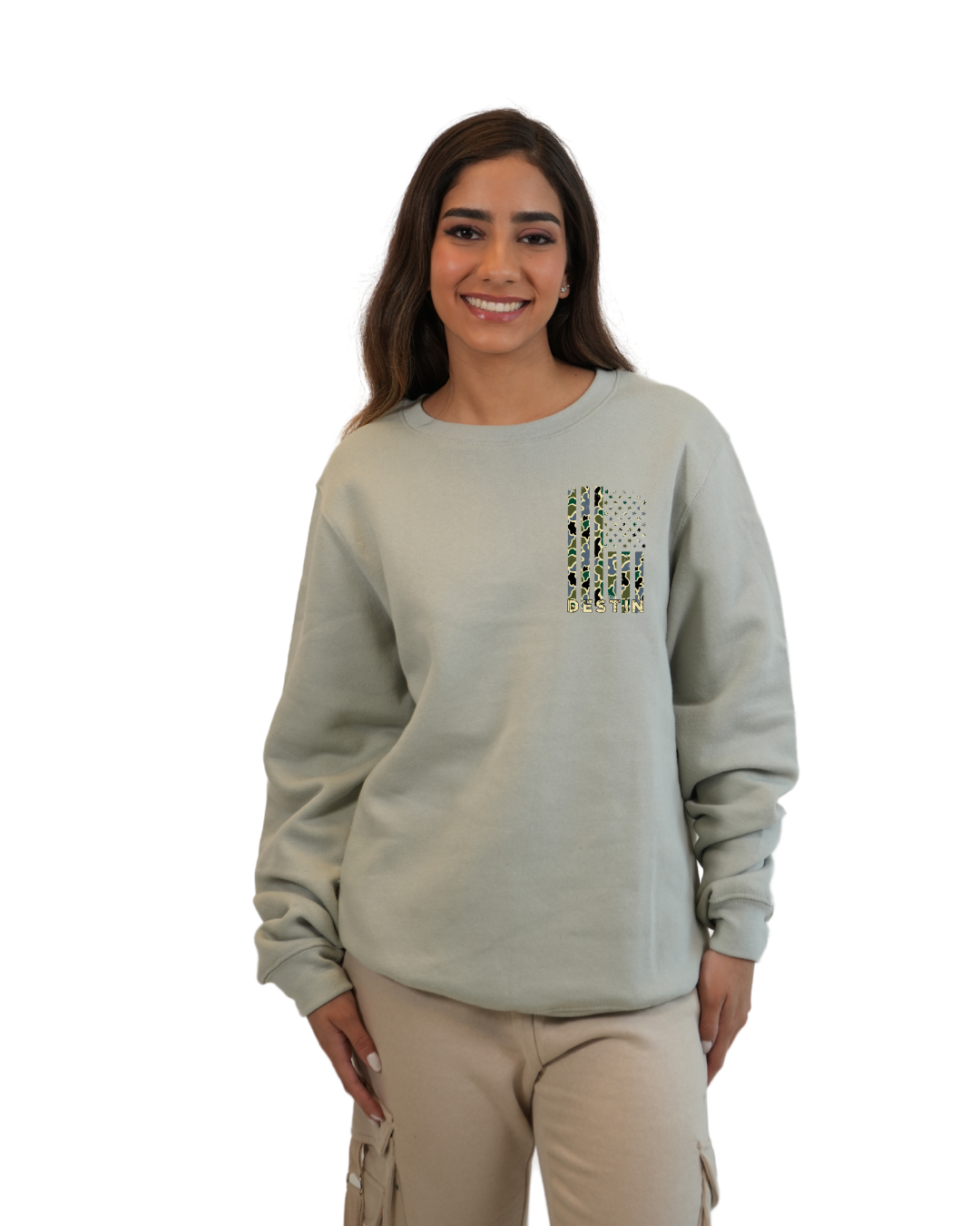 Destin  American Flag Women  Crewneck – Camouflage Edition