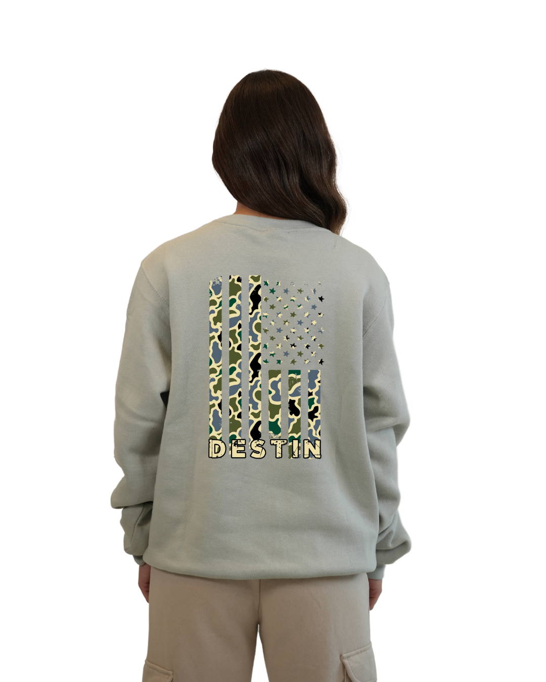 Destin  American Flag Women  Crewneck – Camouflage Edition