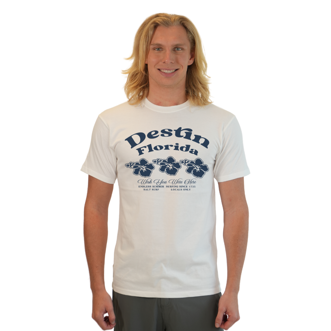 Destin Florida Combed Cotton Men T-Shirt with a Front 3 Hibiscus Flower Design Style CC1000