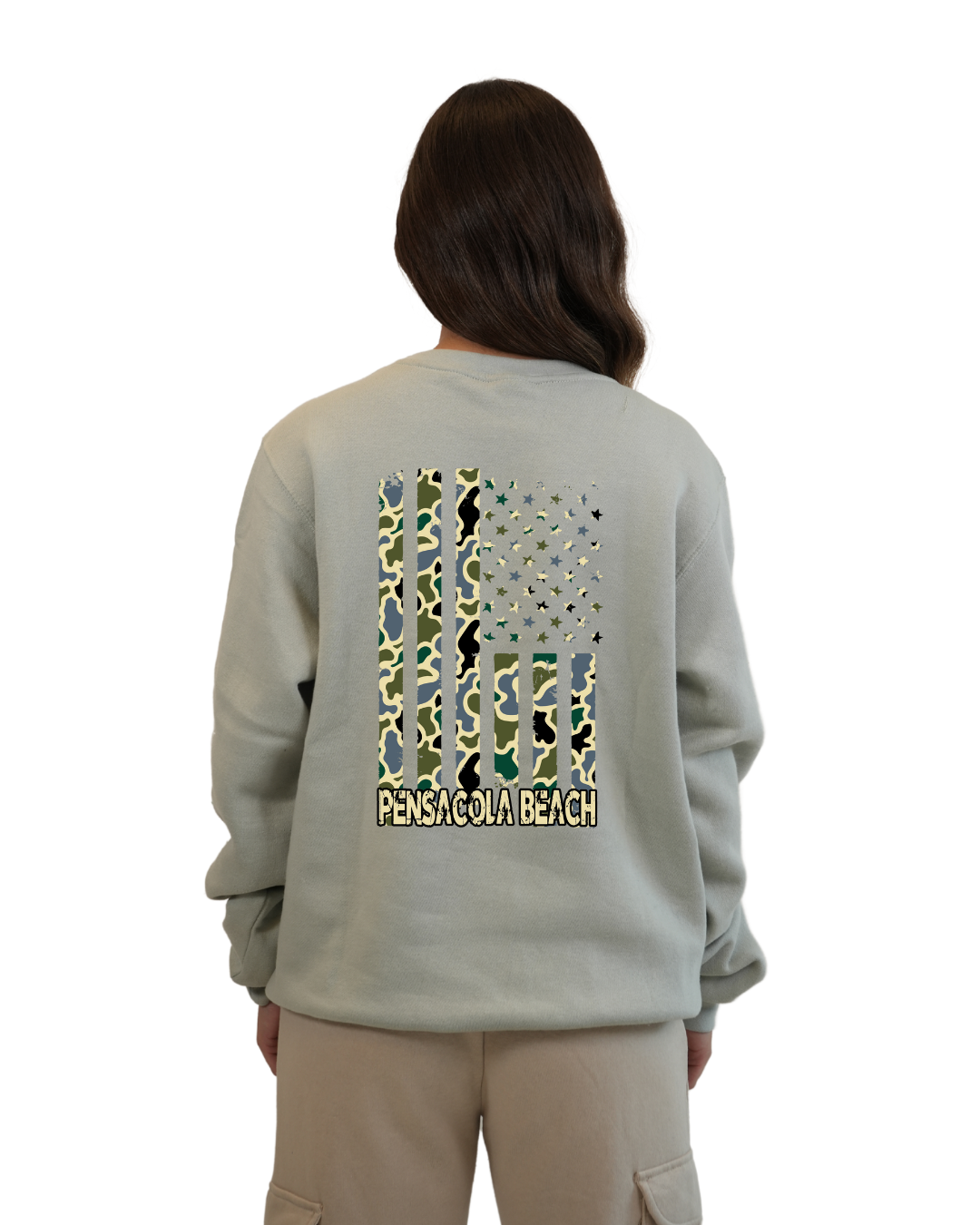 Pensacola Beach American Flag Women  Crewneck – Camouflage Edition