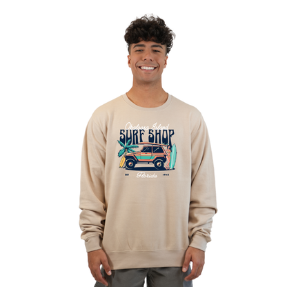 Okaloosa Island Fleece Crewneck Sweatshirt Men  with Surf Shop Front Design Style 067