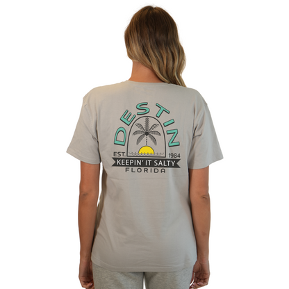 Destin Florida Combed Cotton Women T-Shirt with a Front Pocket Design and back big Palm Tree - Sun Arc Letters Design Style CC1000