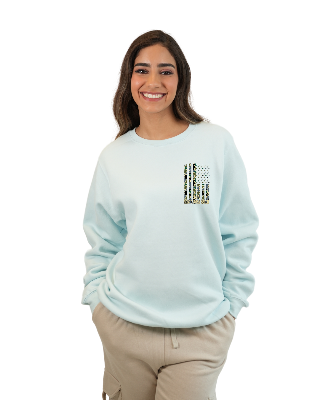 Santa Rosa Beach American Flag Women Crewneck – Camouflage Edition crewneck alvinsisland.com Pool day S