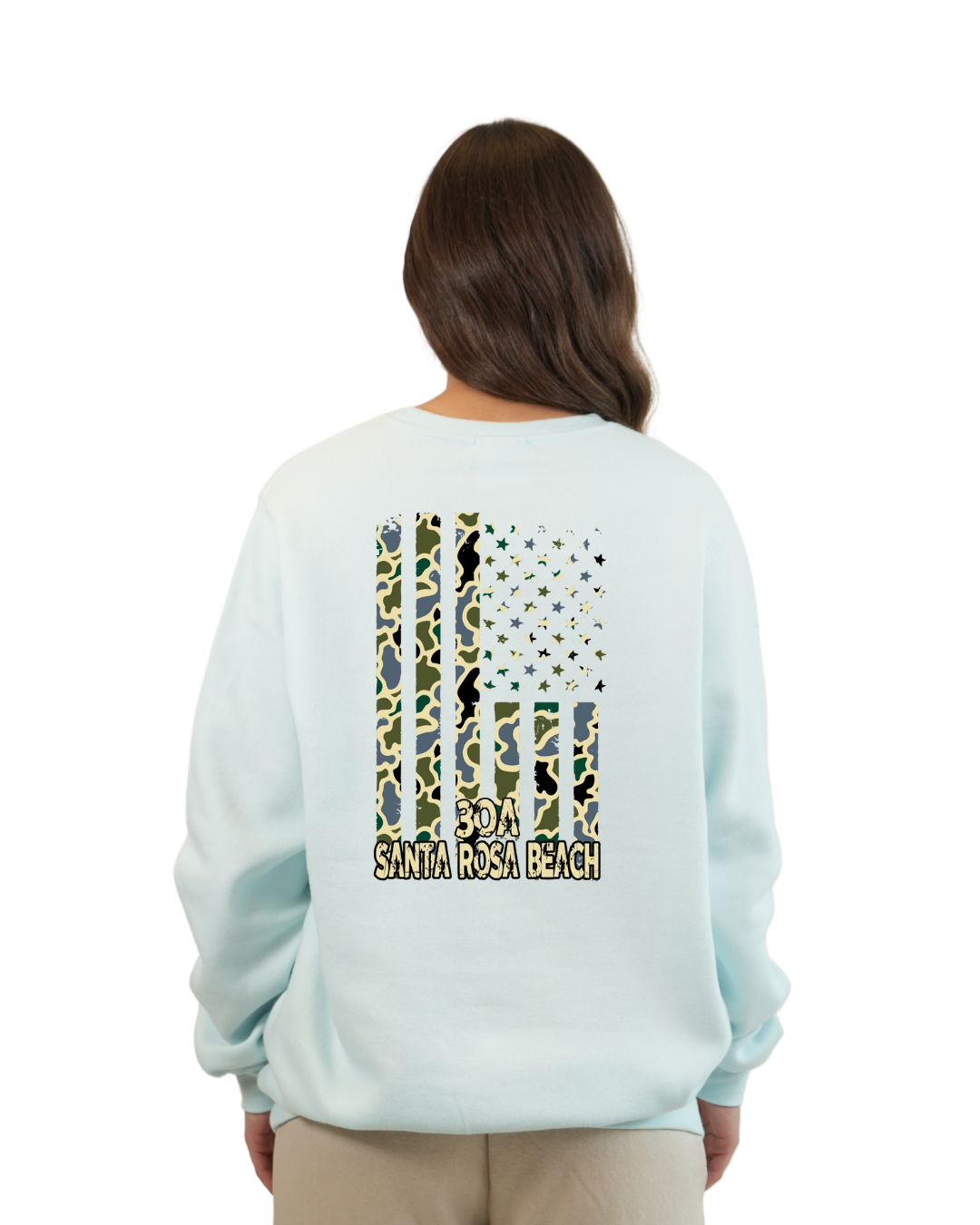 Santa Rosa Beach American Flag Women Crewneck – Camouflage Edition crewneck alvinsisland.com