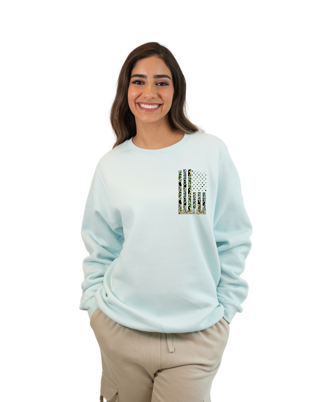 Pensacola Beach American Flag Women  Crewneck – Camouflage Edition