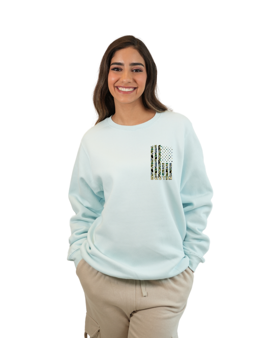 Destin  American Flag Women  Crewneck – Camouflage Edition