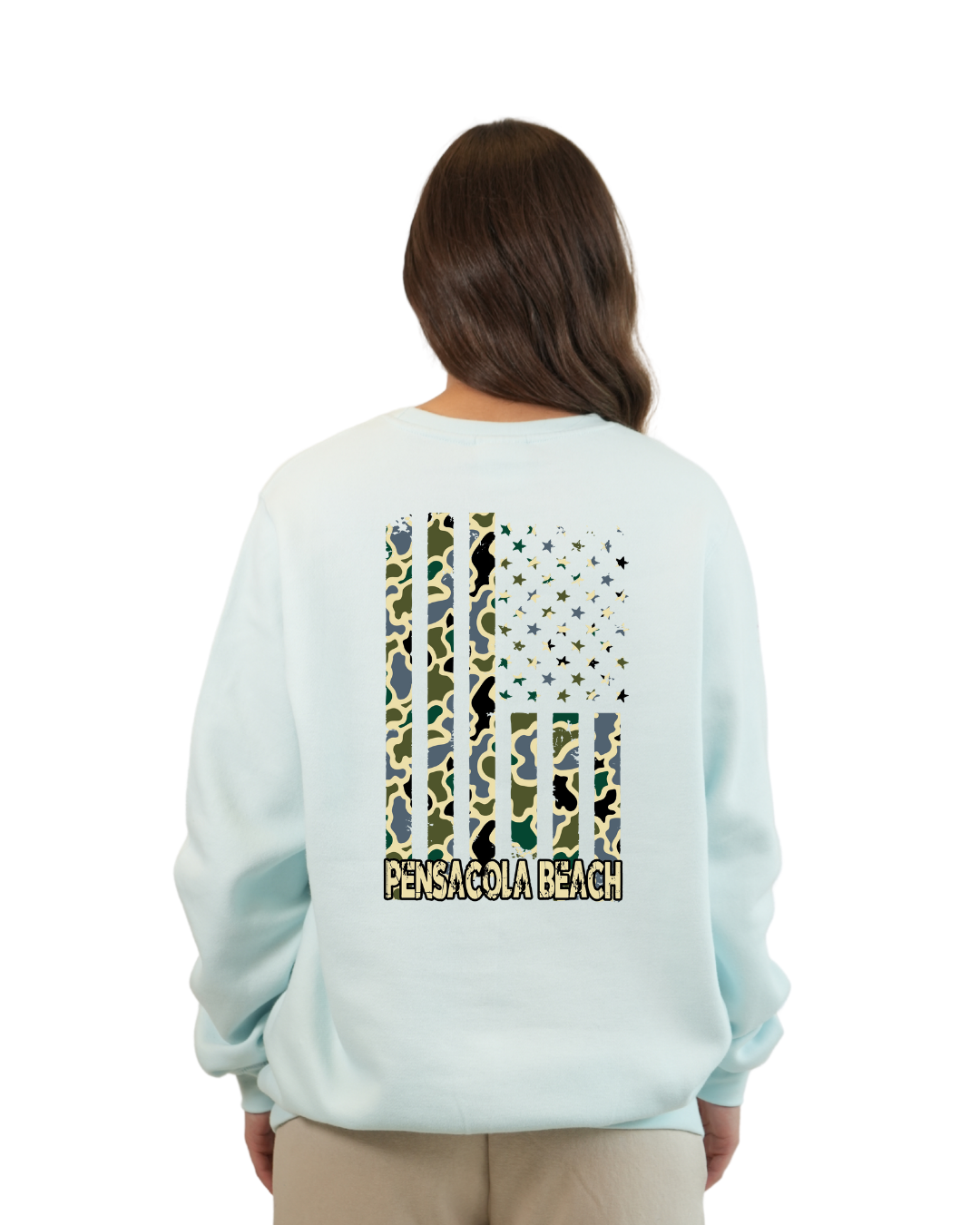 Pensacola Beach American Flag Women  Crewneck – Camouflage Edition