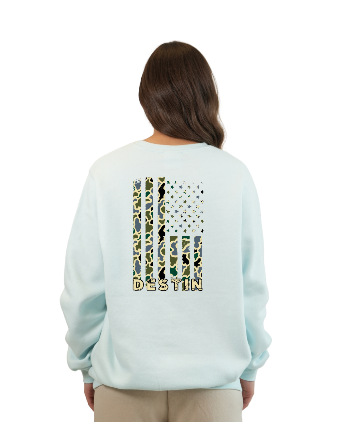 Destin  American Flag Women  Crewneck – Camouflage Edition