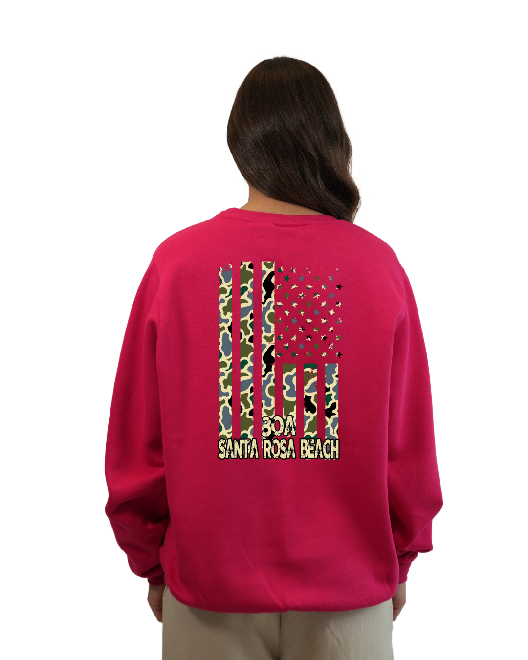 Santa Rosa Beach American Flag Women Crewneck – Camouflage Edition crewneck alvinsisland.com