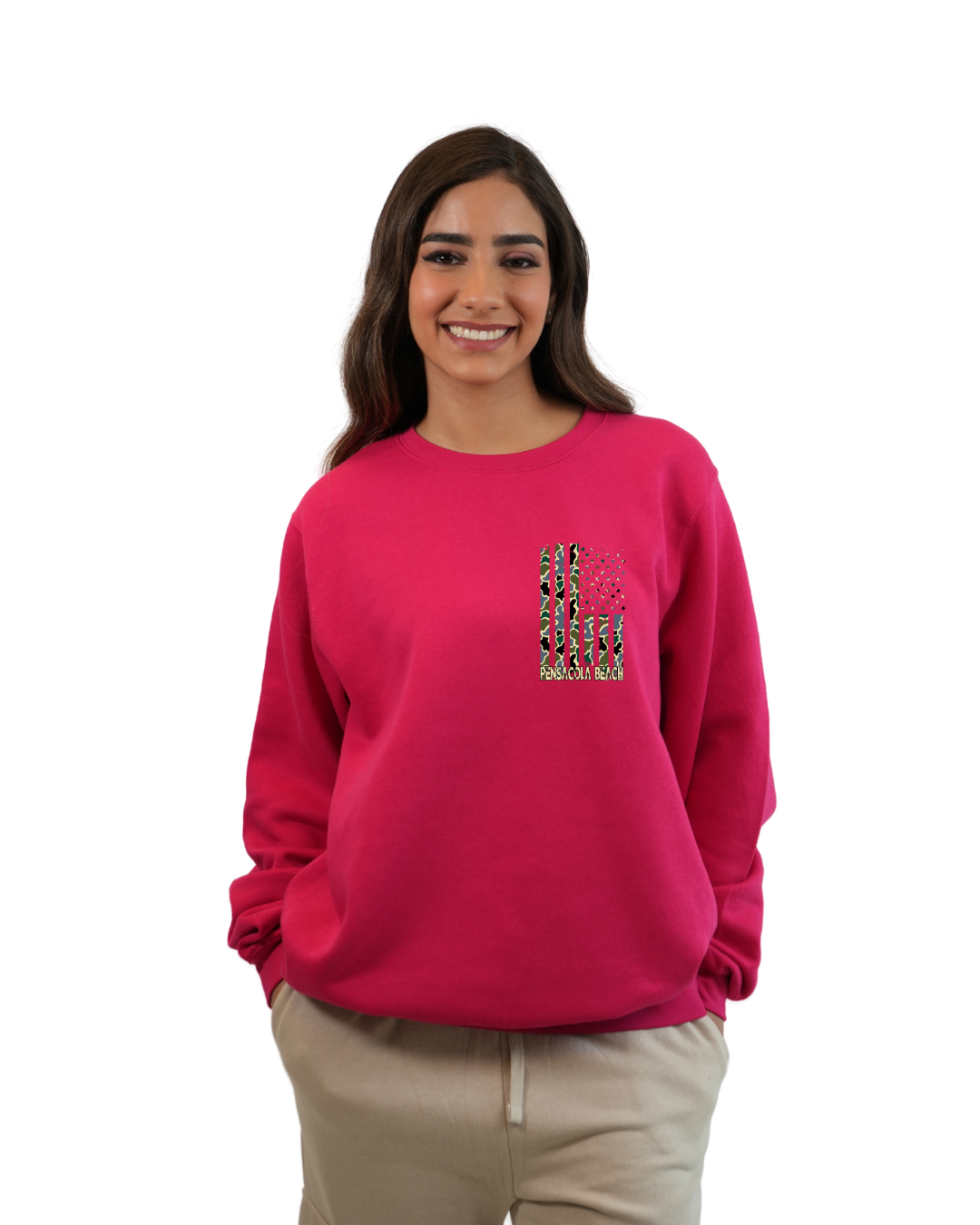 Pensacola Beach American Flag Women  Crewneck – Camouflage Edition