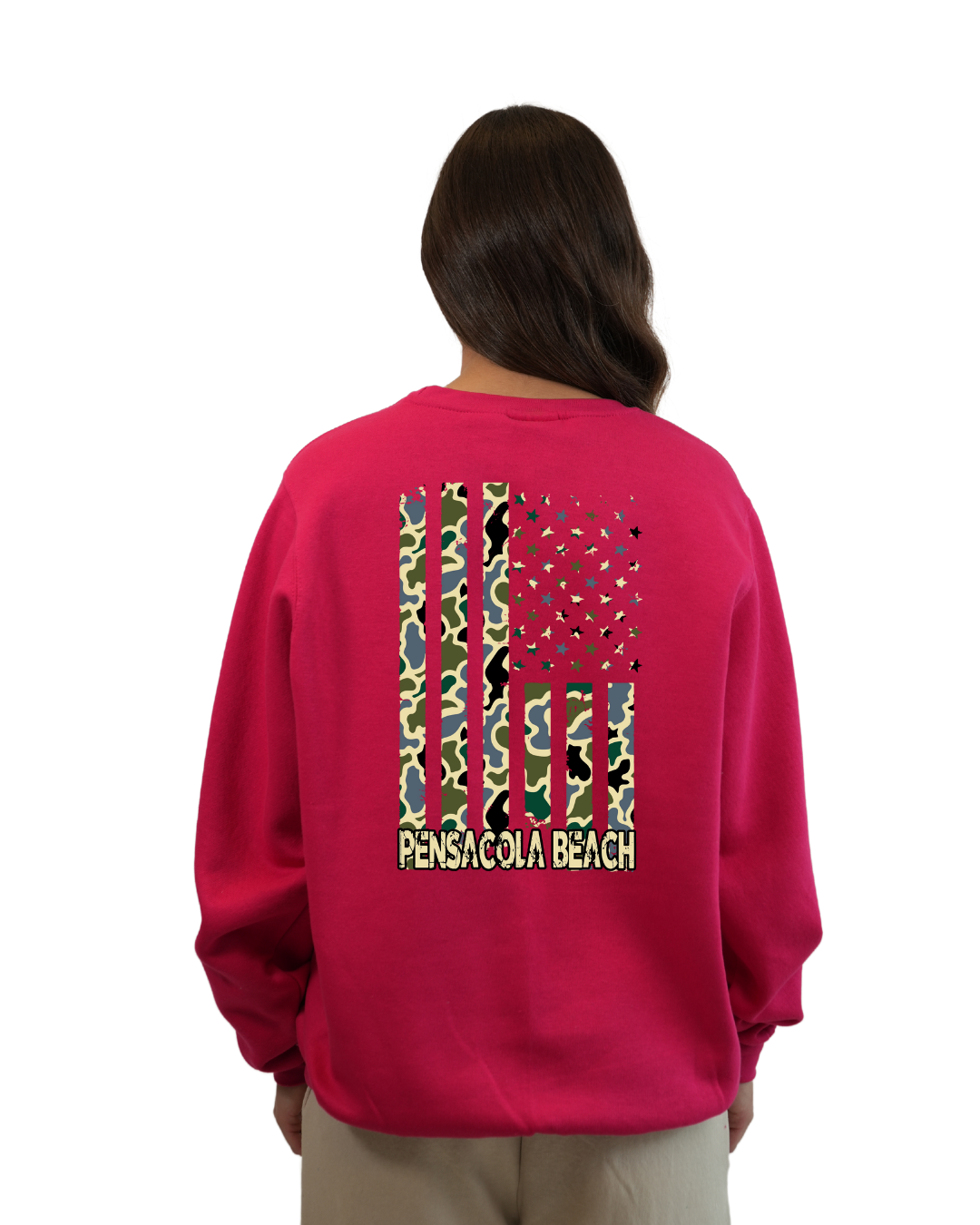 Pensacola Beach American Flag Women  Crewneck – Camouflage Edition