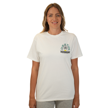 Destin Florida Combed Cotton Women T-Shirt with a Front Pocket Design and back big Palm Tree - Sun Arc Letters Design Style CC1000