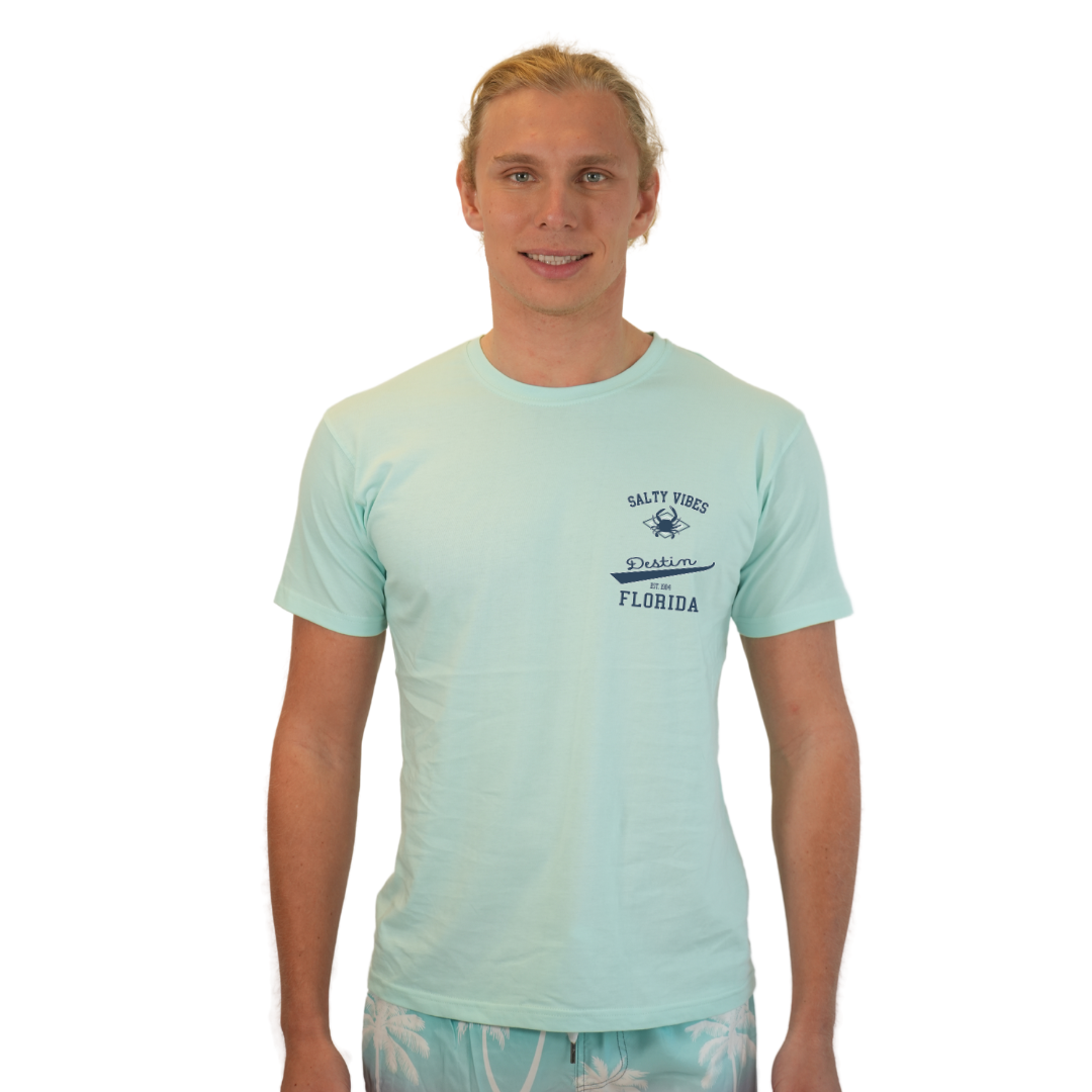 Destin Florida Combed Cotton Men T-Shirt with a Front Pocket Design and back "Salty Vibes Crab" Design Style CC1000