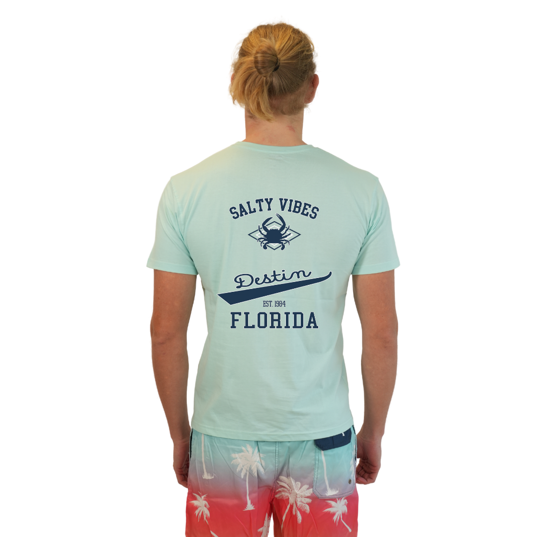 Destin Florida Combed Cotton Men T-Shirt with a Front Pocket Design and back "Salty Vibes Crab" Design Style CC1000