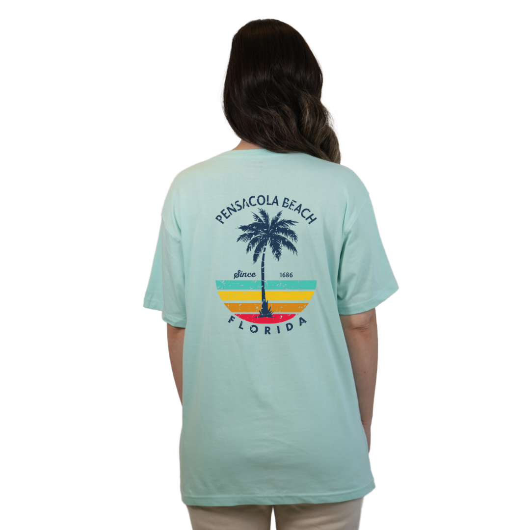 Pensacola Beach  Palm Tree/ Stripes Combed/Cotton Women T-Shirt Style Cc1000