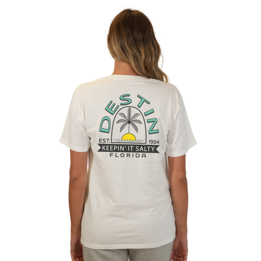 Destin Florida Combed Cotton Women T-Shirt with a Front Pocket Design and back big Palm Tree - Sun Arc Letters Design Style CC1000