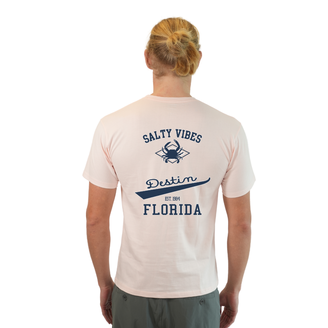 Destin Florida Combed Cotton Men T-Shirt with a Front Pocket Design and back "Salty Vibes Crab" Design Style CC1000