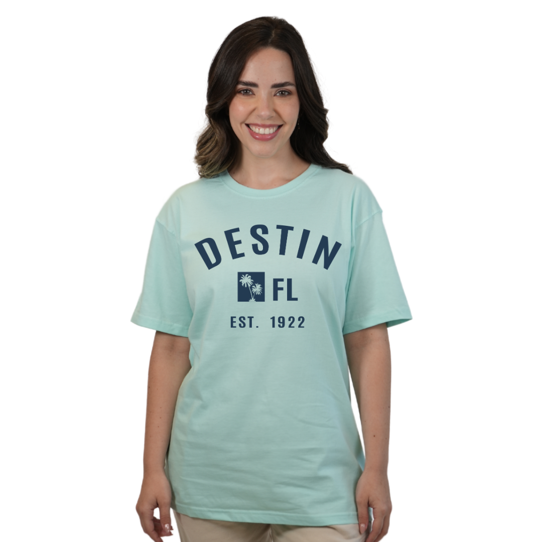 Destin Florida Combed Cotton Women T-Shirt with a Front Palm Trees FL Est. 1922 Design Style CC1000