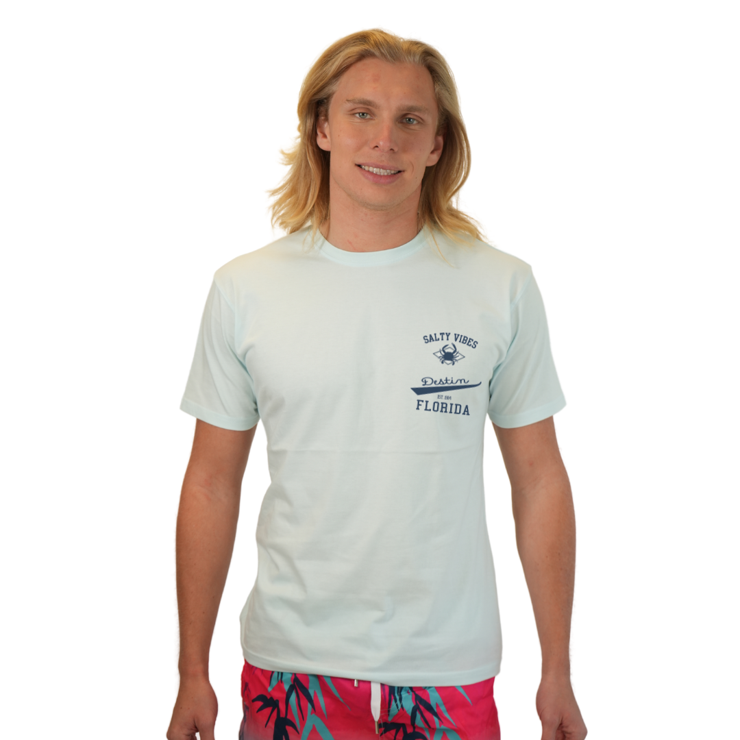 Destin Florida Combed Cotton Men T-Shirt with a Front Pocket Design and back "Salty Vibes Crab" Design Style CC1000