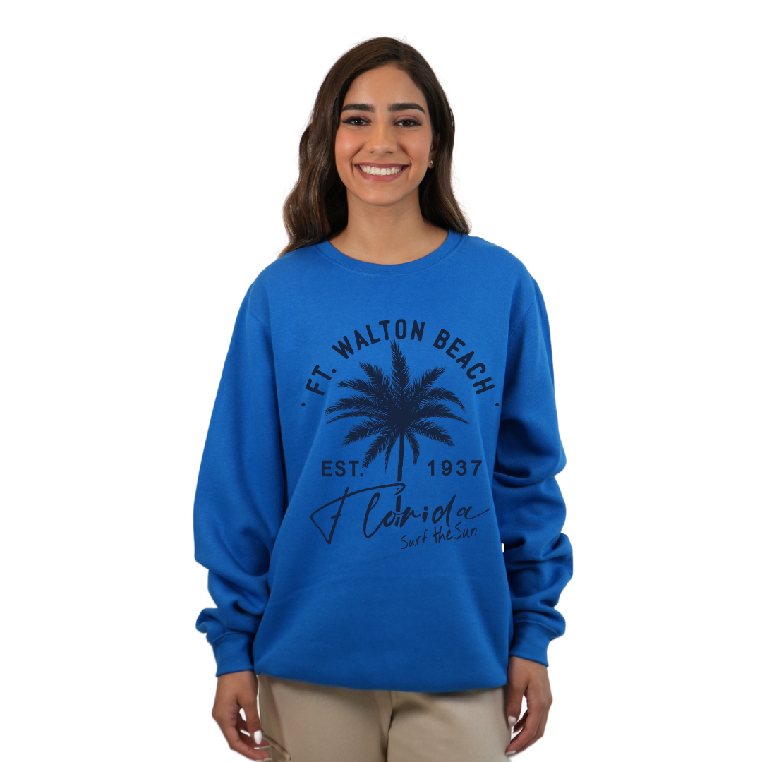 Ft. Walton Beach Fleece Crewneck Sweatshirt Women with a Front Palm Tree Est. 1984 Design Style 067