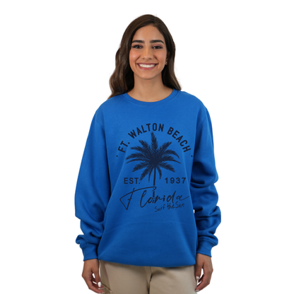 Ft. Walton Beach Fleece Crewneck Sweatshirt Women with a Front Palm Tree Est. 1984 Design Style 067