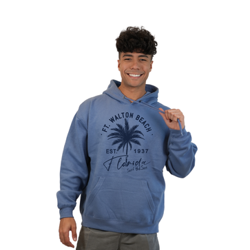 Ft. Walton Beach Pullover Hoodie Men with a Front Palm Tree Est