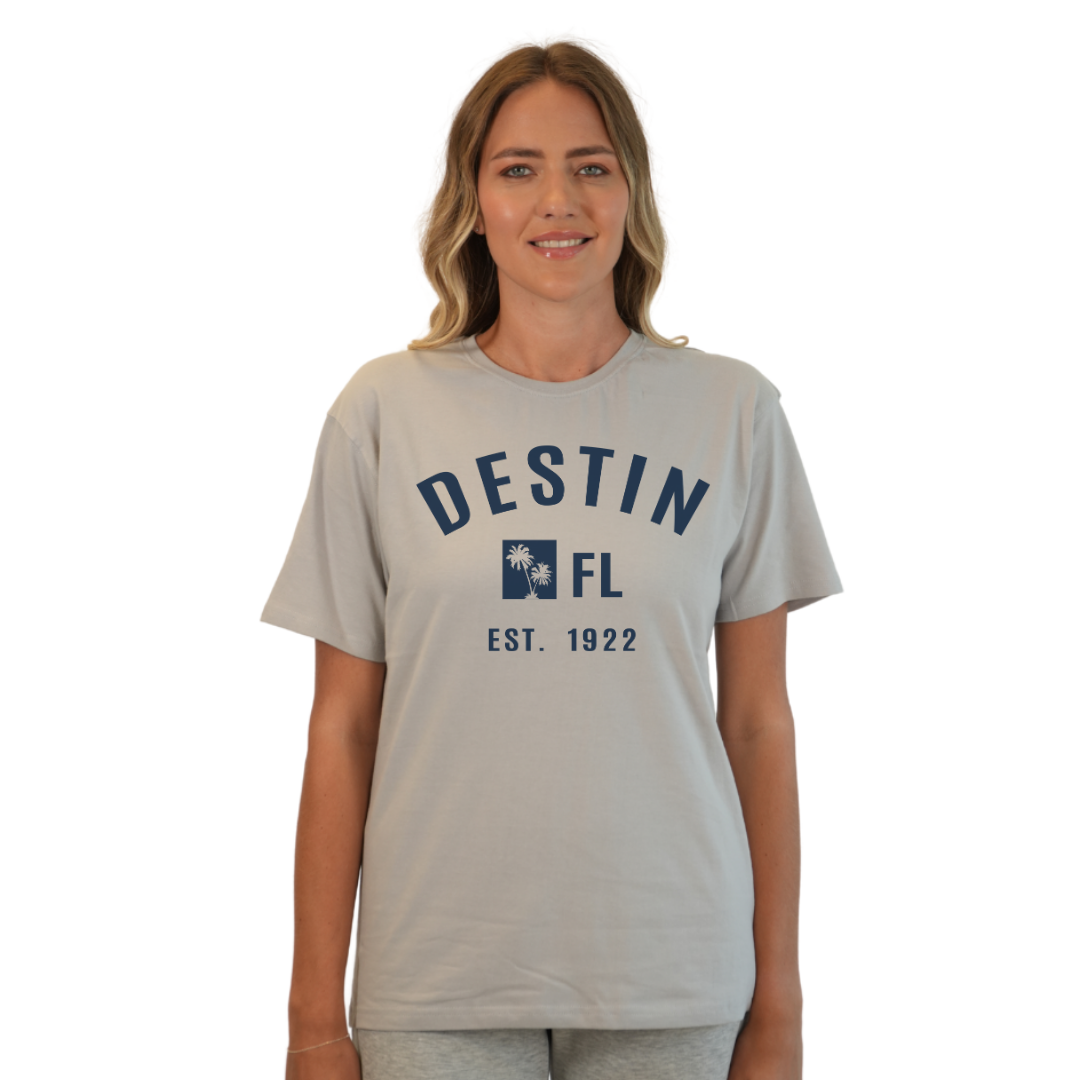 Destin Florida Combed Cotton Women T-Shirt with a Front Palm Trees FL Est. 1922 Design Style CC1000