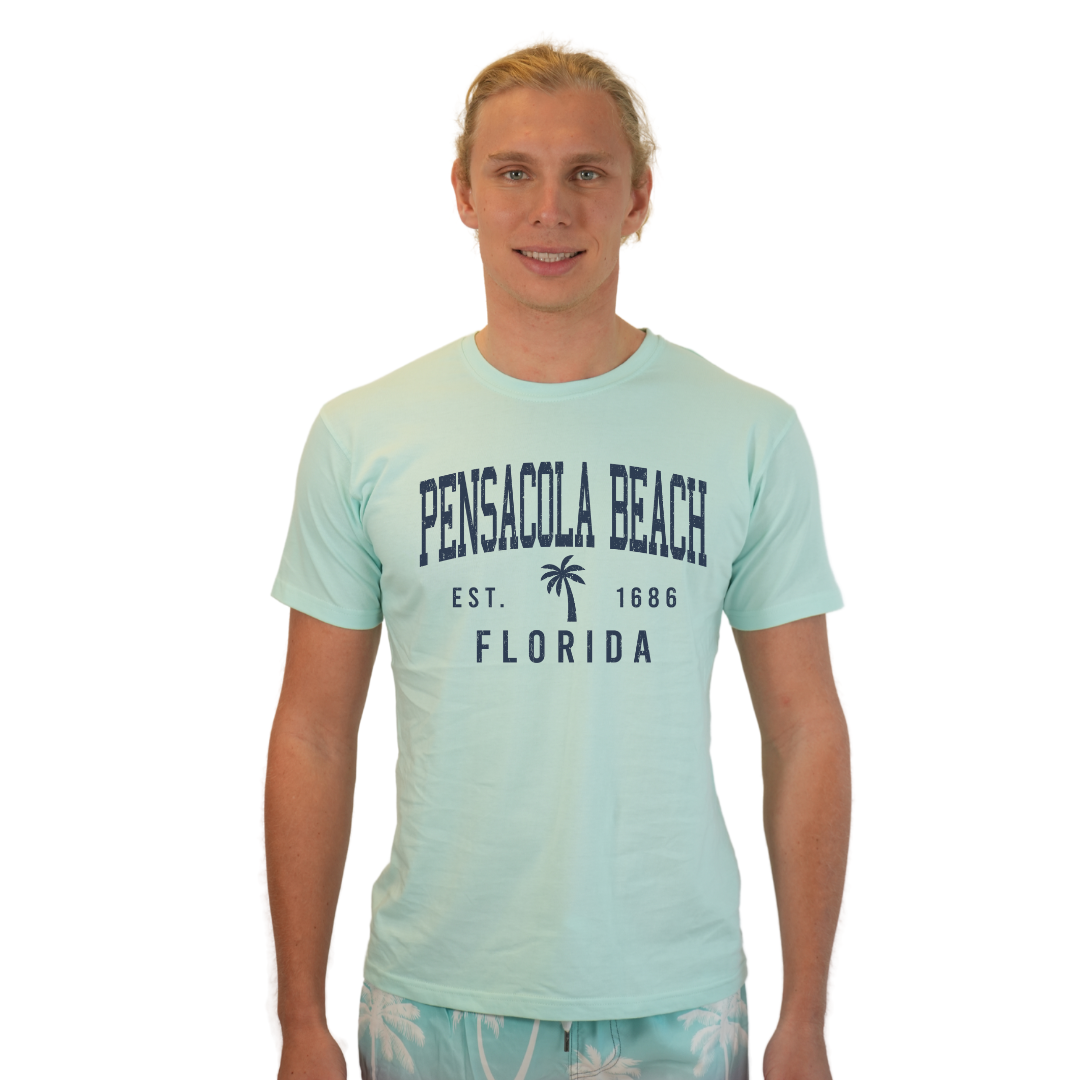 Pensacola Beach Combed Cotton Men T-Shirt with a Front Palm Tree Design Est. 1984 Style CC1000