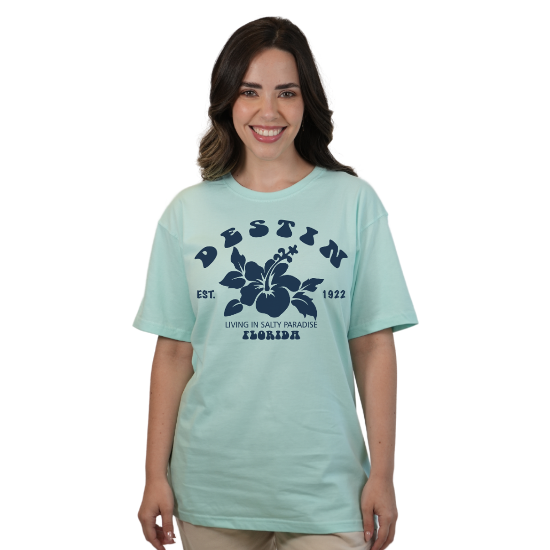 Destin Florida Combed Cotton Women T-Shirt with a Big Front Hibiscus Flower Design Style CC1000