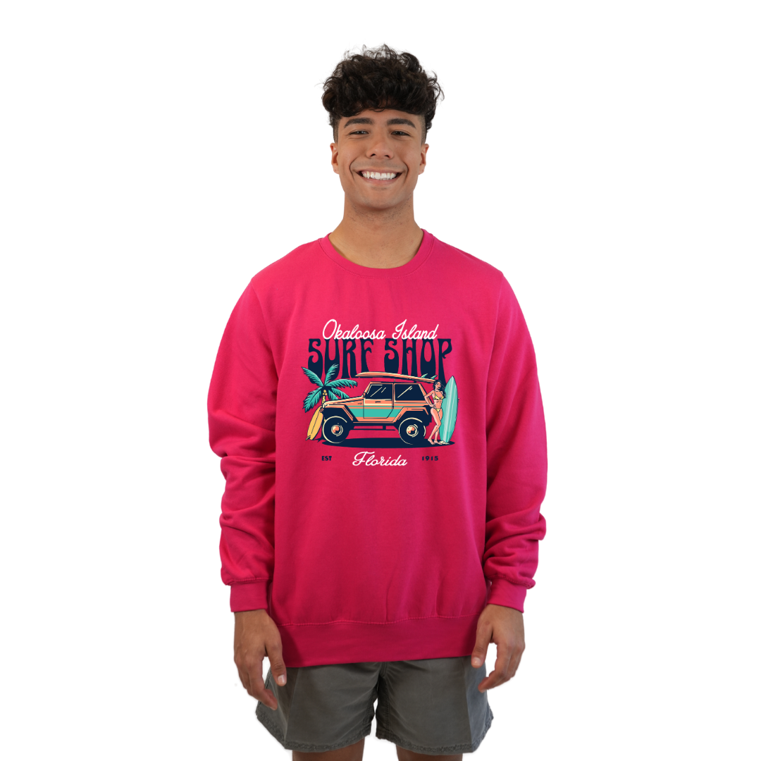 Okaloosa Island Fleece Crewneck Sweatshirt Men  with Surf Shop Front Design Style 067