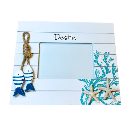 Destin Frame Wood W/ Fish and Starsfish Color White/Turquoise 3.5"*5"