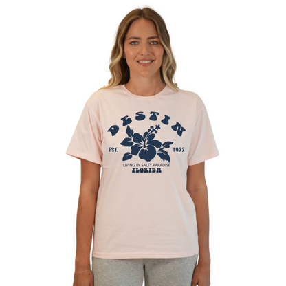 Destin Florida Combed Cotton Women T-Shirt with a Big Front Hibiscus Flower Design Style CC1000