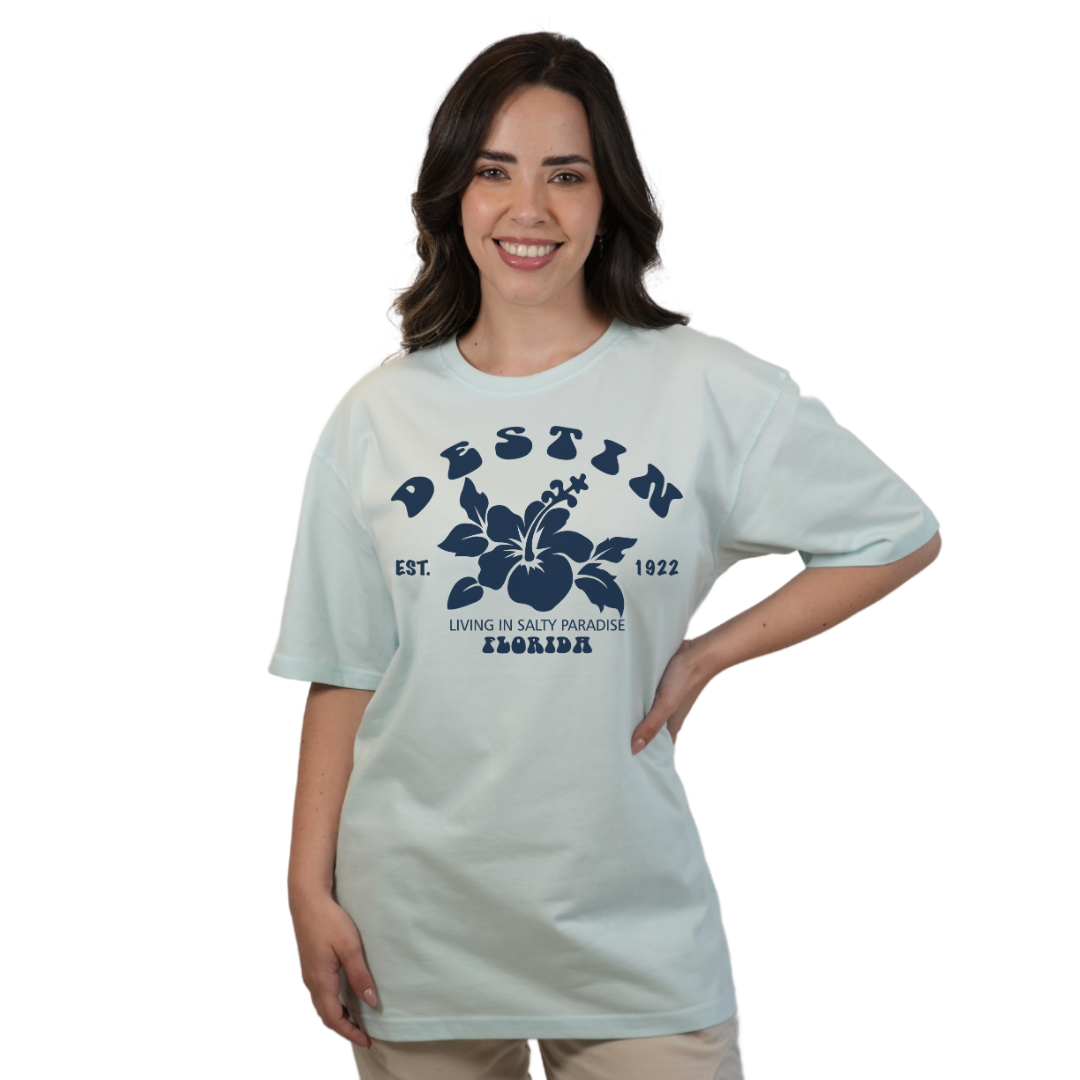 Destin Florida Combed Cotton Women T-Shirt with a Big Front Hibiscus Flower Design Style CC1000