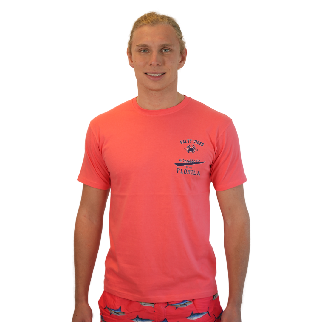 Destin Florida Combed Cotton Men T-Shirt with a Front Pocket Design and back "Salty Vibes Crab" Design Style CC1000