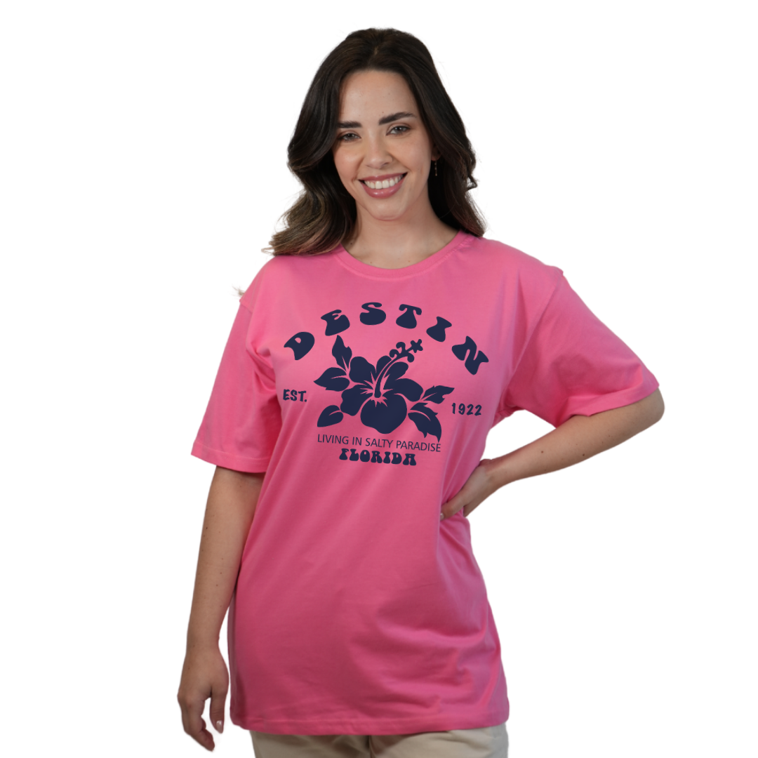 Destin Florida Combed Cotton Women T-Shirt with a Big Front Hibiscus Flower Design Style CC1000