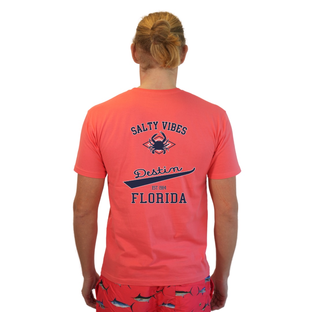 Destin Florida Combed Cotton Men T-Shirt with a Front Pocket Design and back "Salty Vibes Crab" Design Style CC1000