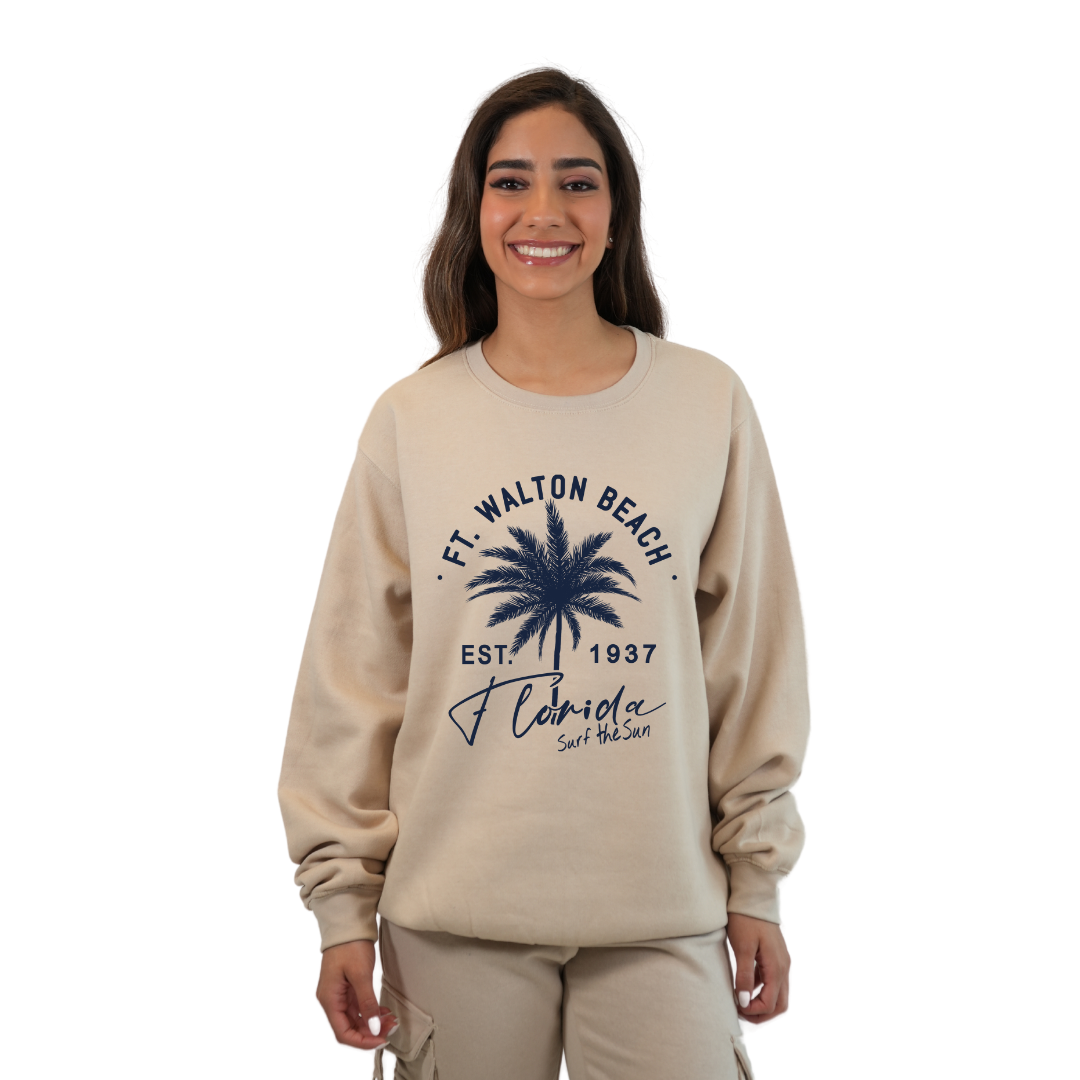 Ft. Walton Beach Fleece Crewneck Sweatshirt Women with a Front Palm Tree Est. 1984 Design Style 067