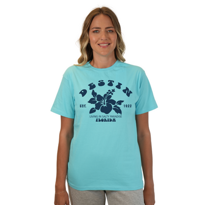 Destin Florida Combed Cotton Women T-Shirt with a Big Front Hibiscus Flower Design Style CC1000