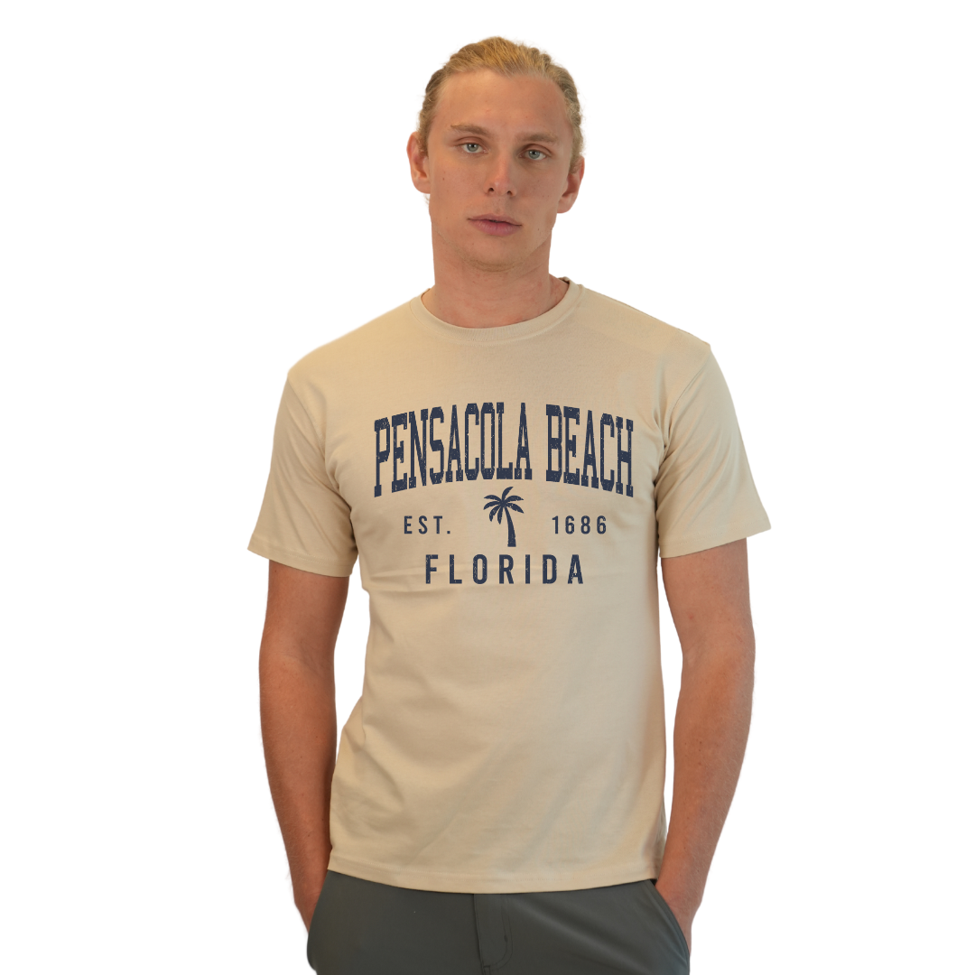 Pensacola Beach Combed Cotton Men T-Shirt with a Front Palm Tree Design Est. 1984 Style CC1000