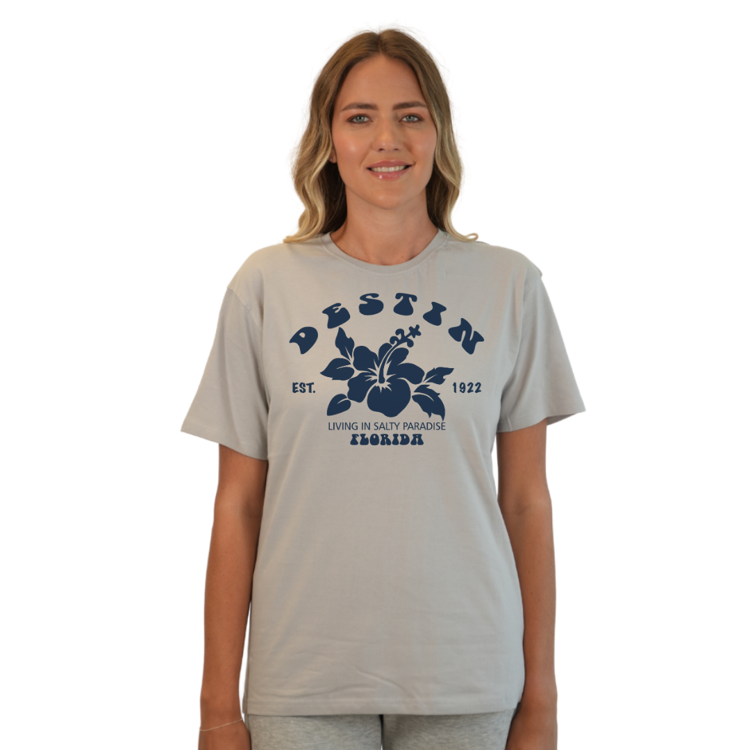 Destin Florida Combed Cotton Women T-Shirt with a Big Front Hibiscus Flower Design Style CC1000