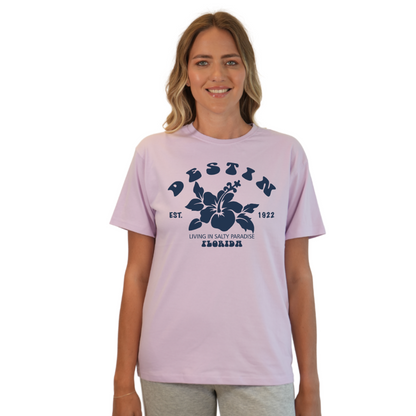 Destin Florida Combed Cotton Women T-Shirt with a Big Front Hibiscus Flower Design Style CC1000