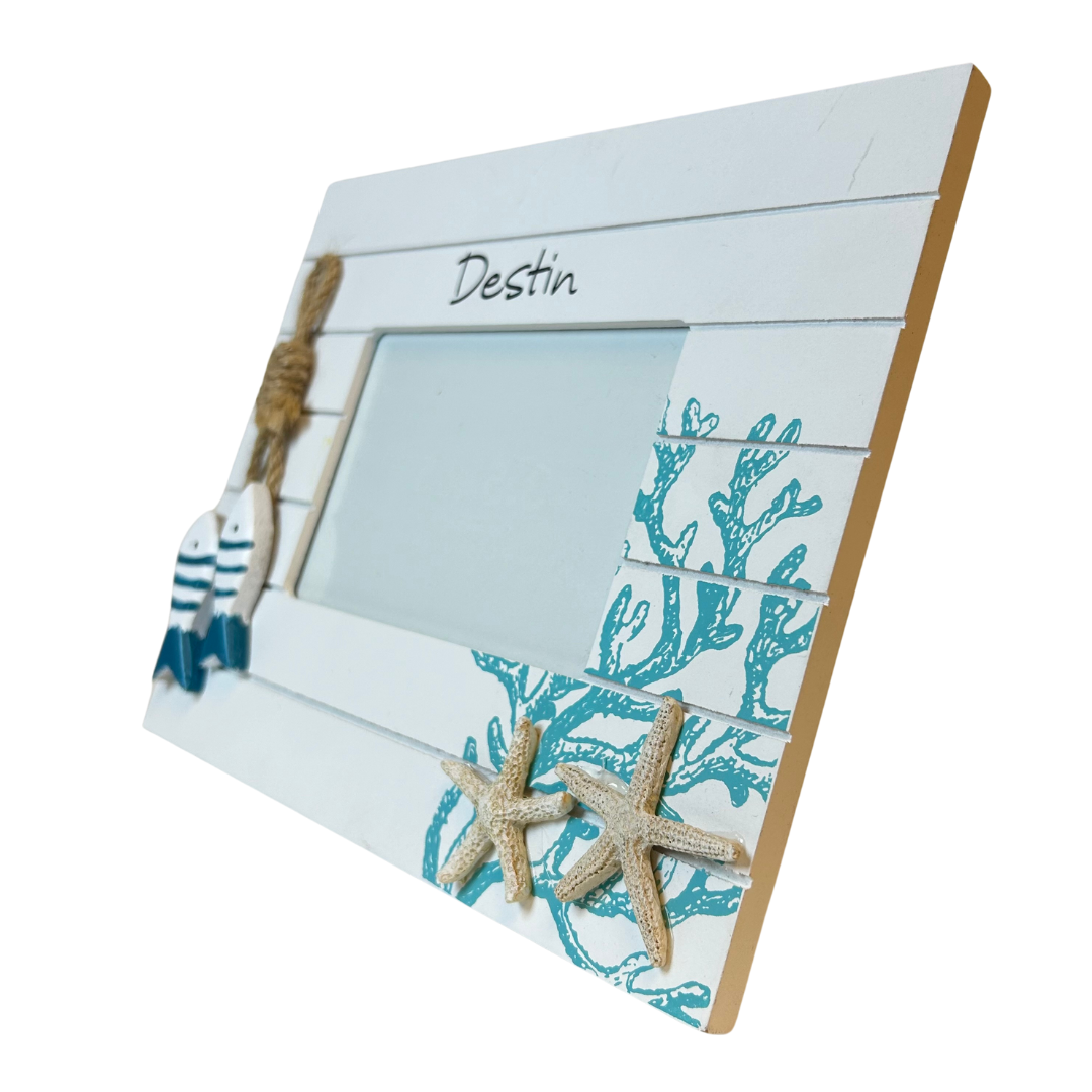 Destin Frame Wood W/ Fish and Starsfish Color White/Turquoise 3.5"*5"