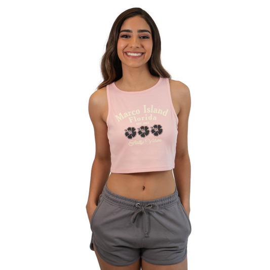 Marco Island Women Knot Crop Top with Salty Vibes and Hibiscus Flowers Design Color Pink Rosetta Style 141