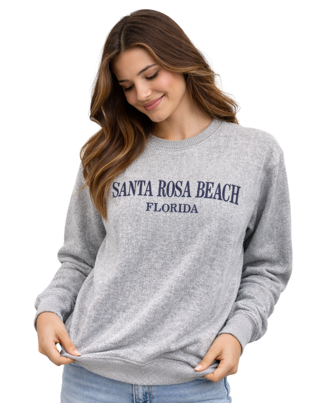 Santa Rosa Beach, Fl Women Nantucket Crewneck – Embroidered City Name Appliqué (Style AP267AI) crewneck alvinsisland.com Salt & Pepper S