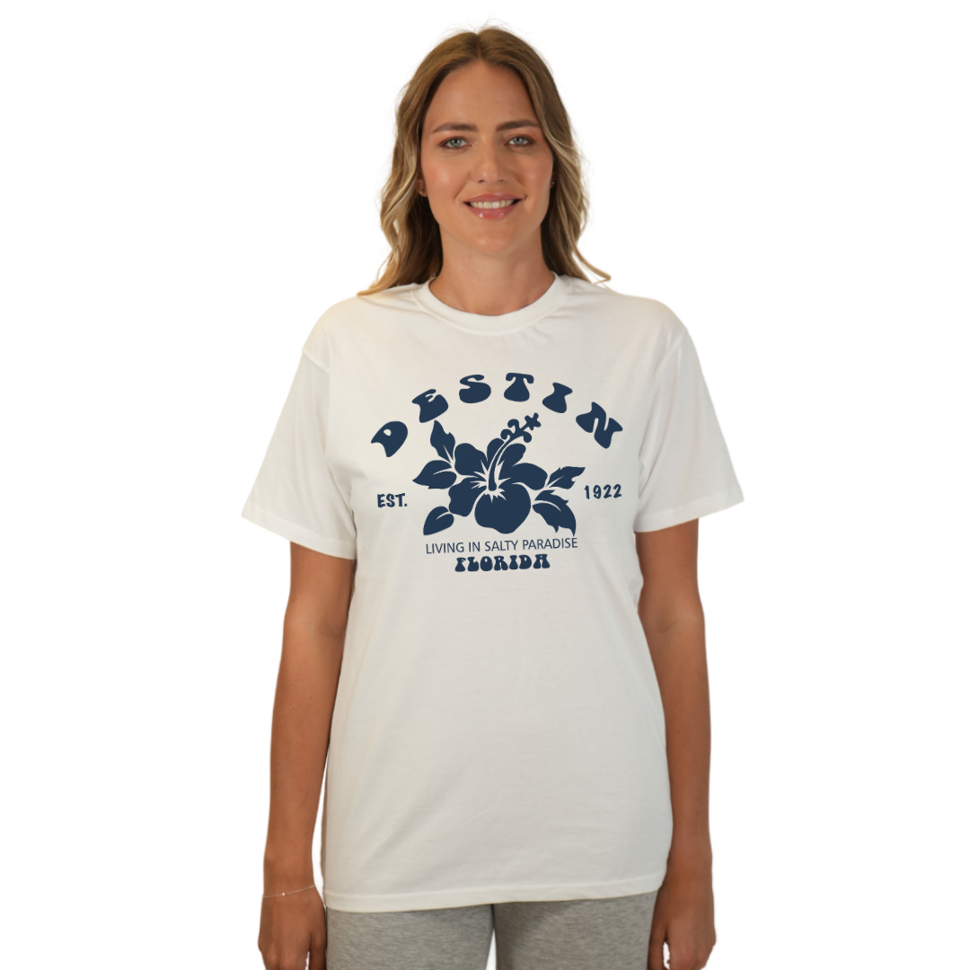 Destin Florida Combed Cotton Women T-Shirt with a Big Front Hibiscus Flower Design Style CC1000