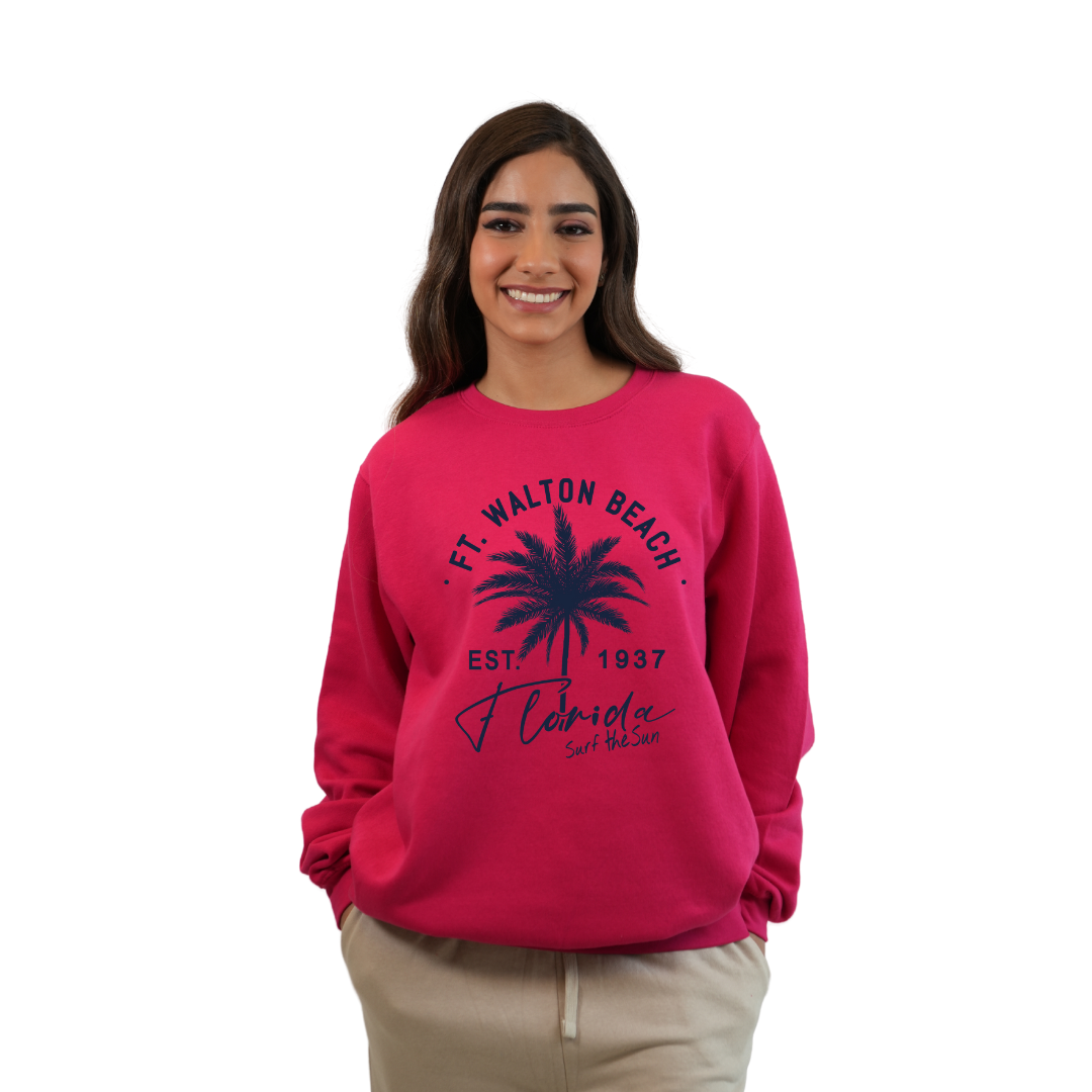 Ft. Walton Beach Fleece Crewneck Sweatshirt Women with a Front Palm Tree Est. 1984 Design Style 067