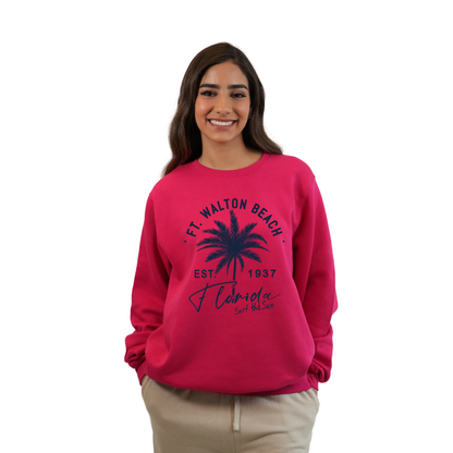 Ft. Walton Beach Fleece Crewneck Sweatshirt Women with a Front Palm Tree Est. 1984 Design Style 067