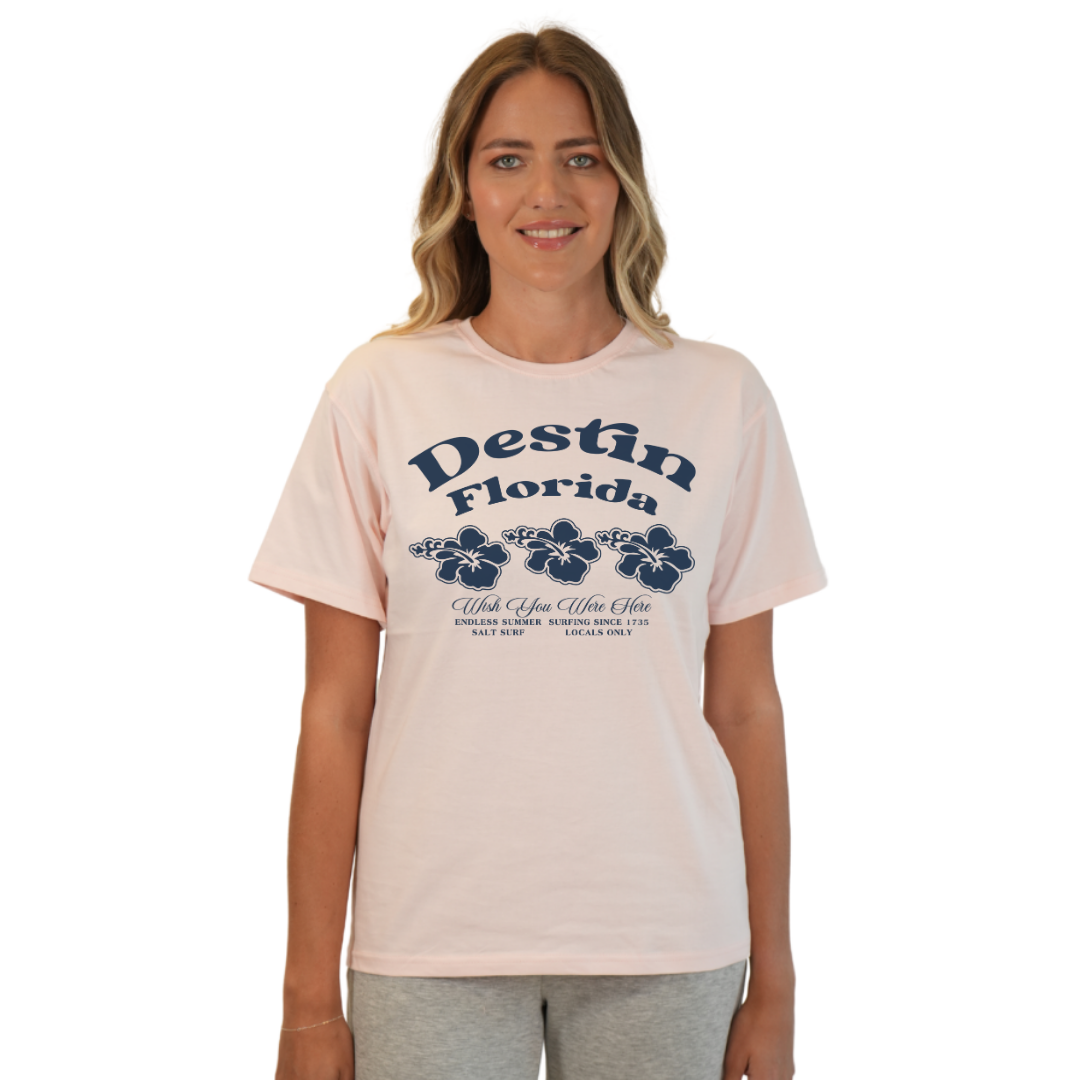 Destin Florida Combed Cotton Women T-Shirt with a Front 3 Hibiscus Flower Design Style CC1000