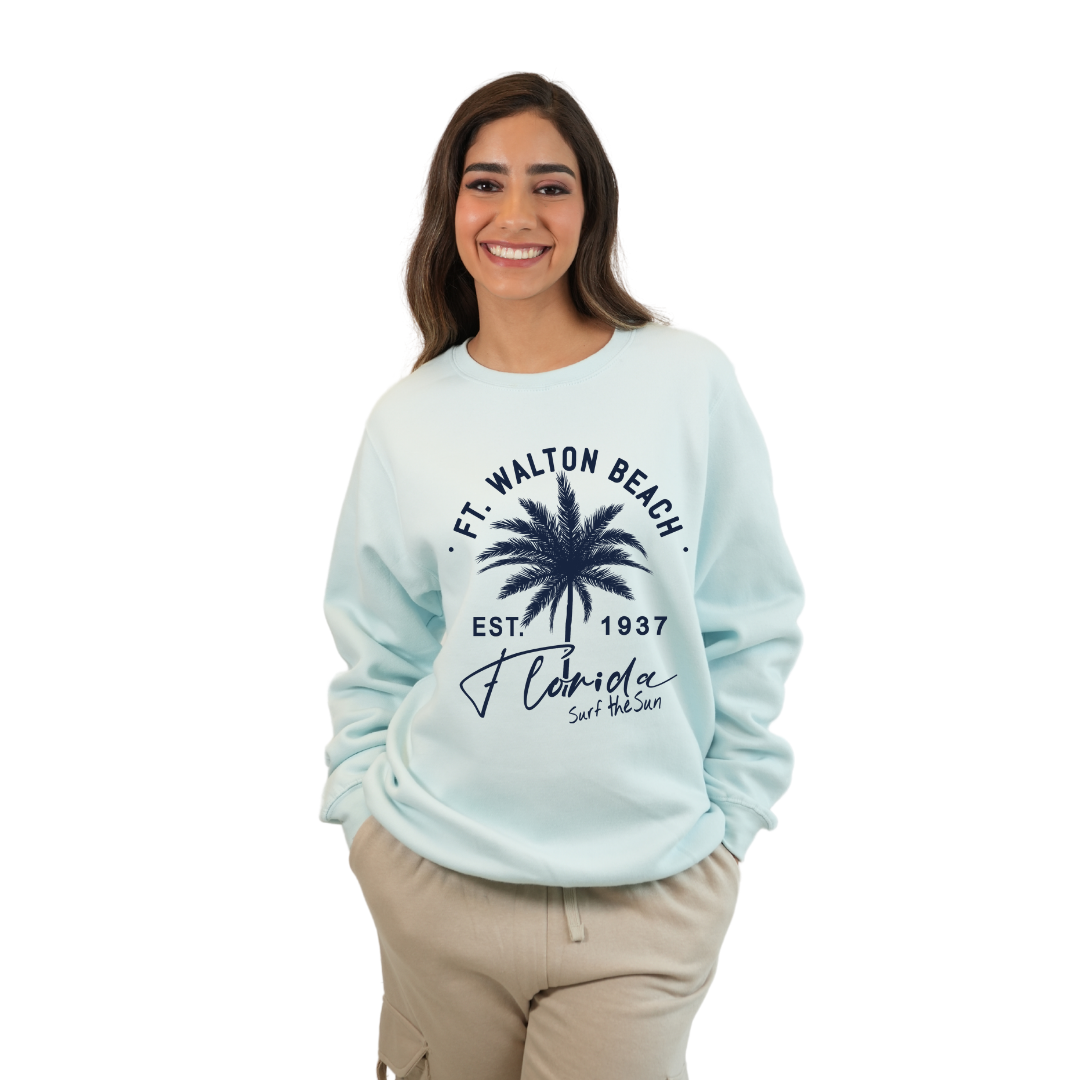 Ft. Walton Beach Fleece Crewneck Sweatshirt Women with a Front Palm Tree Est. 1984 Design Style 067