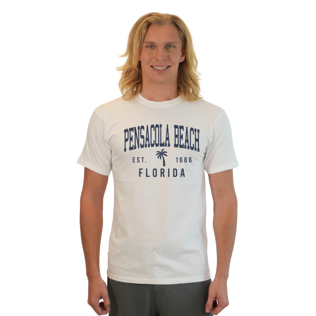 Pensacola Beach Combed Cotton Men T-Shirt with a Front Palm Tree Design Est. 1984 Style CC1000